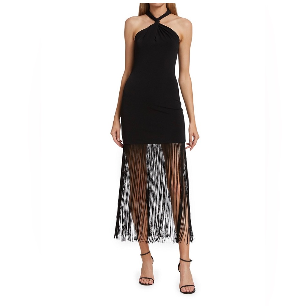 🎬ALICE + OLIVIA Steph Twist Halterneck Fringe Dress - Picture 2 of 3